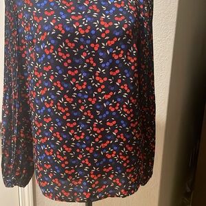 Talbots Black Blouse with Red and Blue Floral Pattern